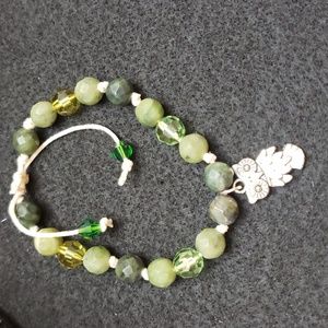 Handmade adjustable hemp bracelet green beads with owl charm